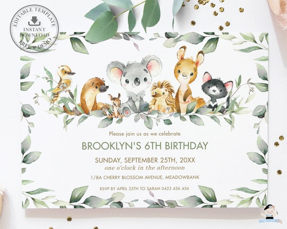 Greenery Australian Animals Birthday Invitation, EDITABLE TEMPLATE ...