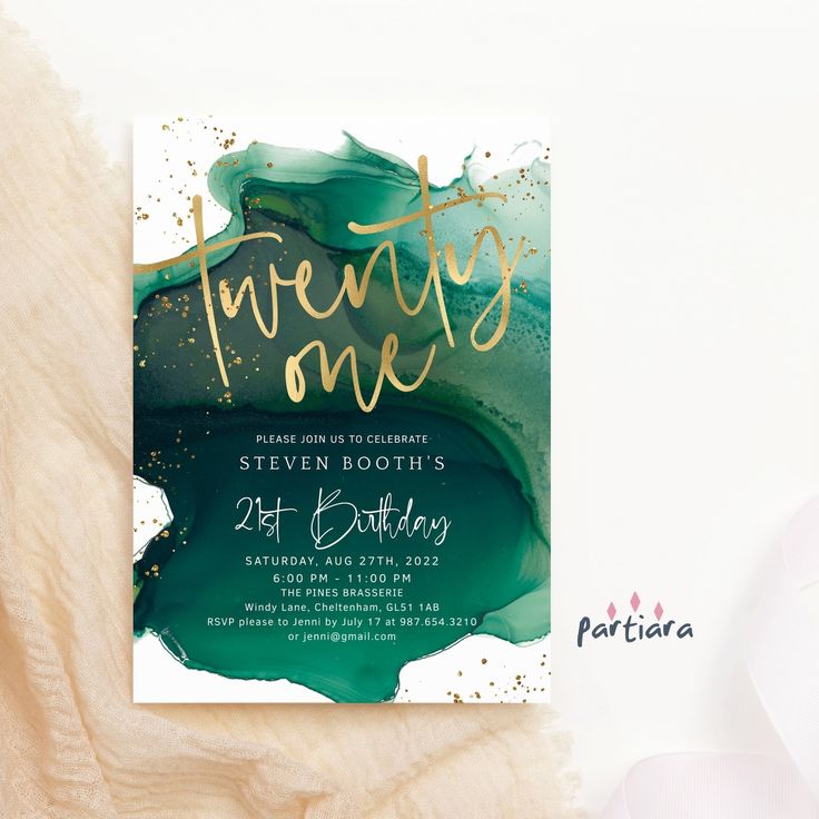 21st Birthday Invitation Editable Emerald Gold Party Invites for ...