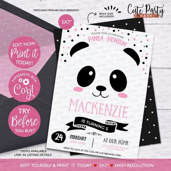 INSTANT DOWNLOAD EDITABLE Panda Birthday Party Invitations Panda ...