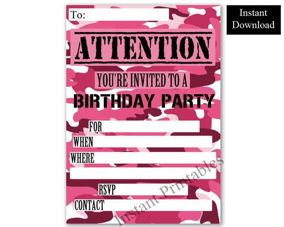 Girls Birthday Invite Pink Camo Printable Birthday Blank Party ...