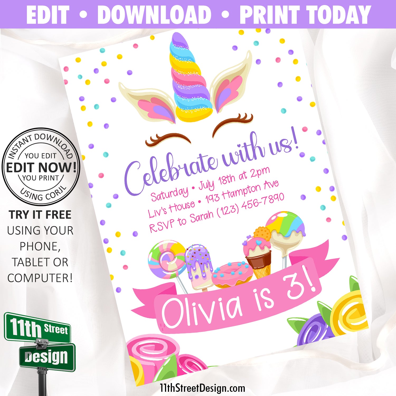 EDITABLE Unicorn Rainbow Birthday Invitation, Magical Birthday Party Invite  0003