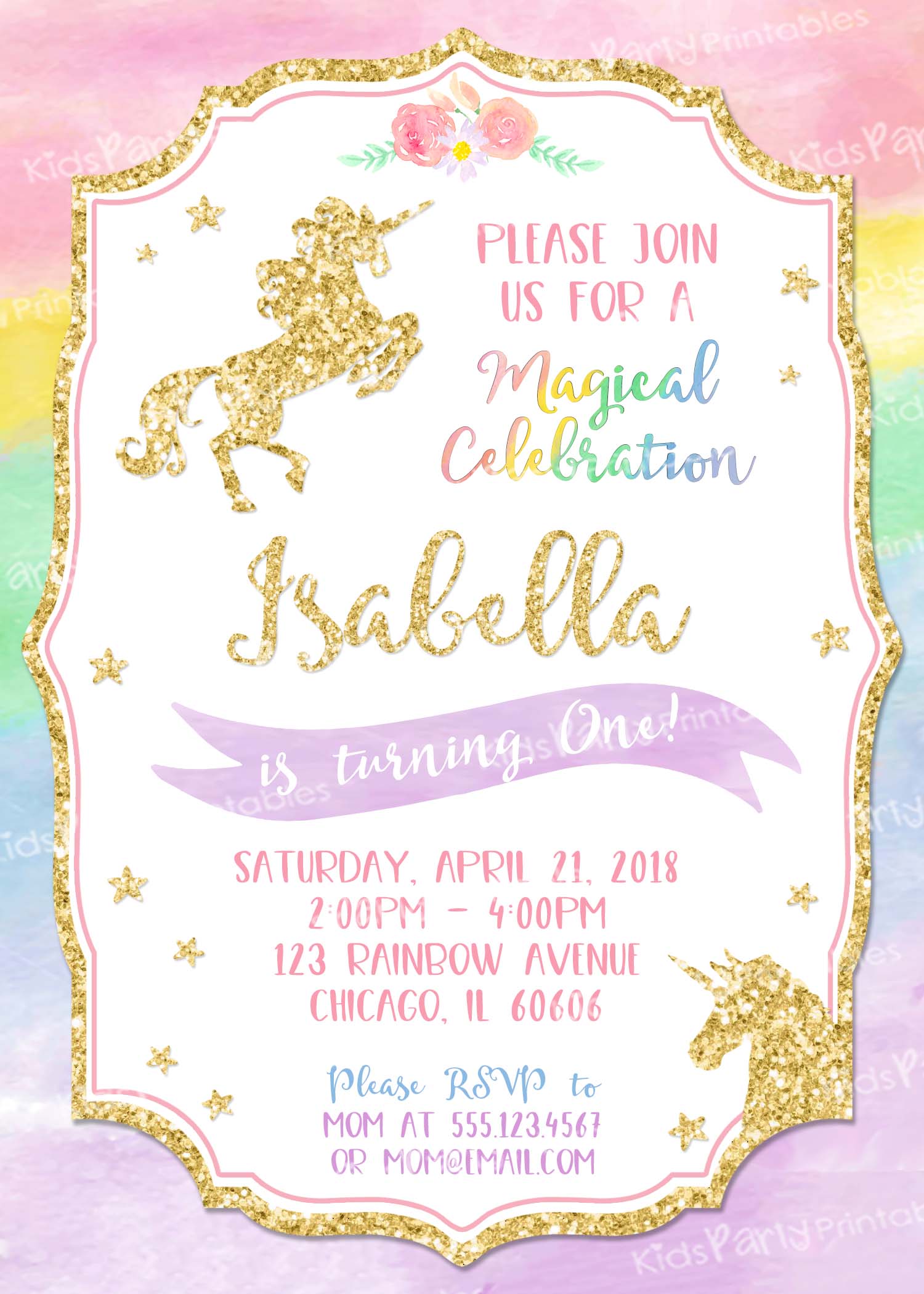 Unicorn Invitation Printable, Unicorn Invitation Digital JPG or PDF,  Unicorn Birthday Party Invitation, Unicorn Invite Rainbow Pastel Theme