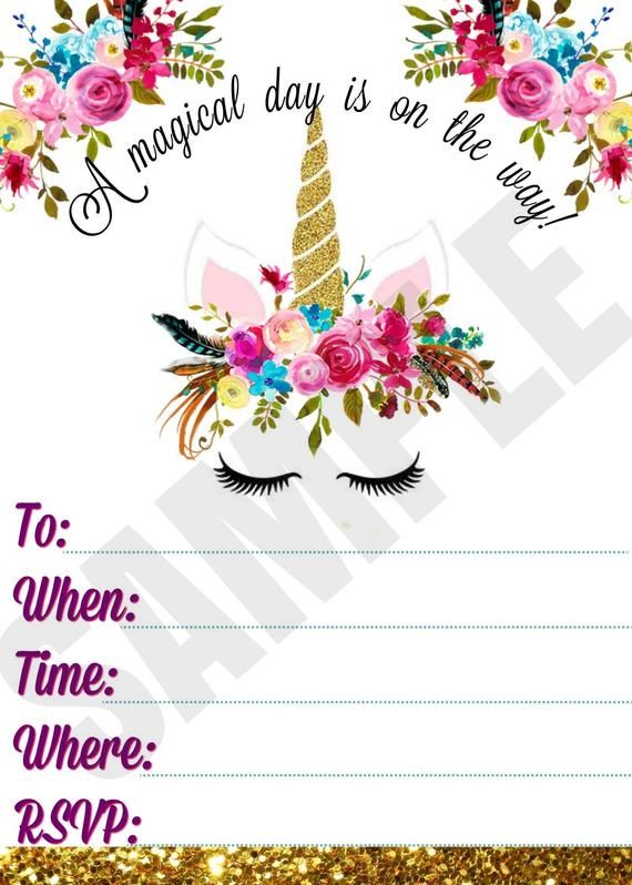 Unicorn Printable Invitation. Floral Invite. Watercolor Invite ...