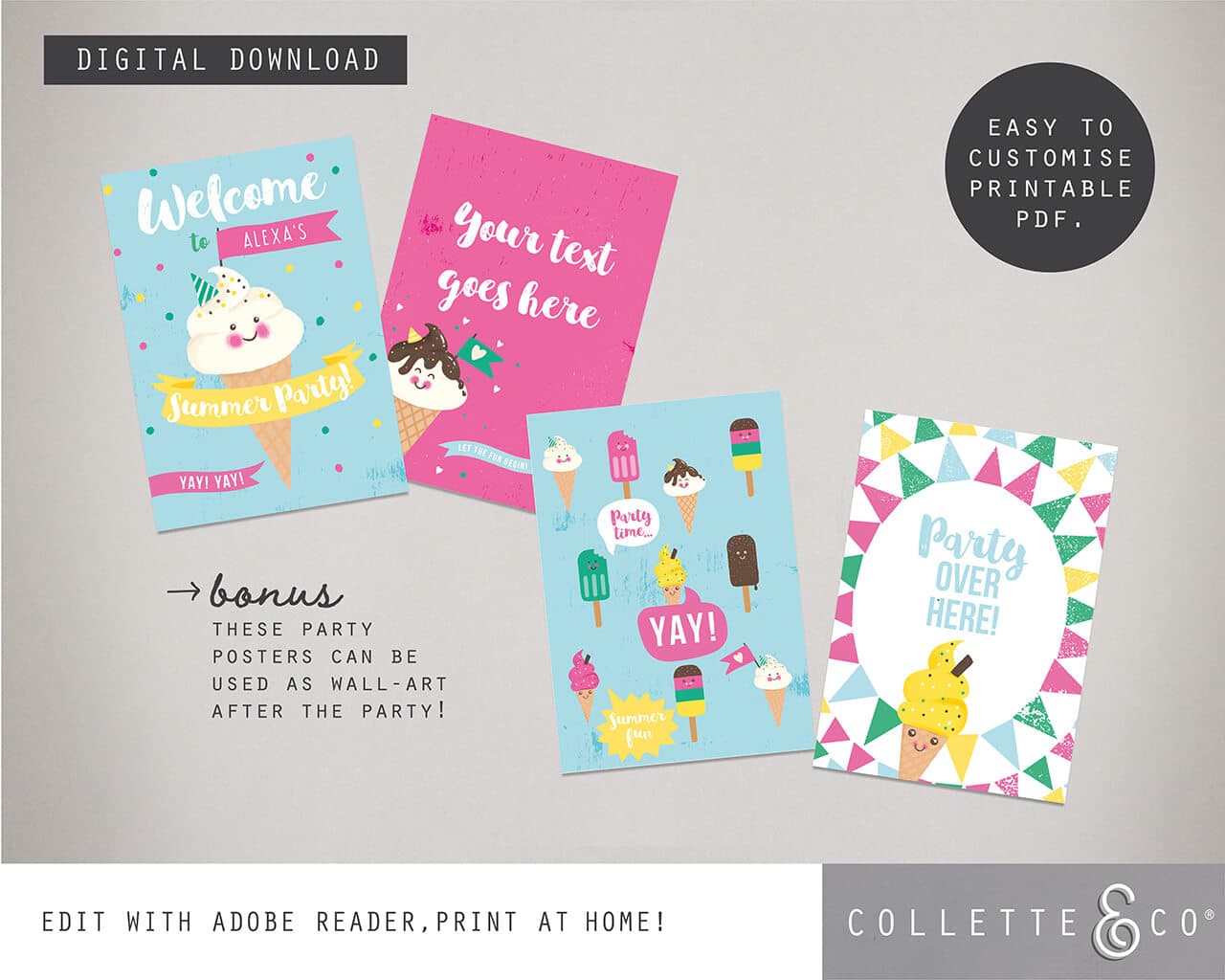 Printable Ice Cream Party Poster Pack x4 Editable | Collette &  Co®