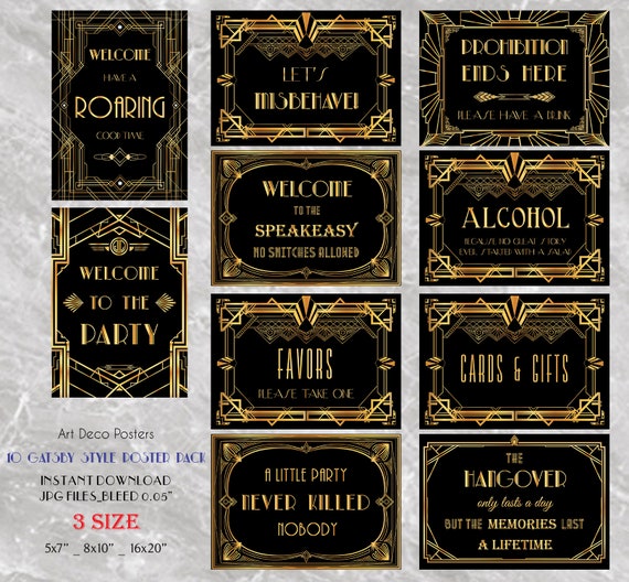 Printable Gatsby 10 Poster Pack - Printable Wedding &  Birthday Party Art  Deco 1920s Sign - 3 sizes of each design included INSTANT DOWNLOAD