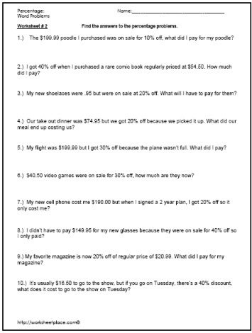Percentage Word Problems Worksheets