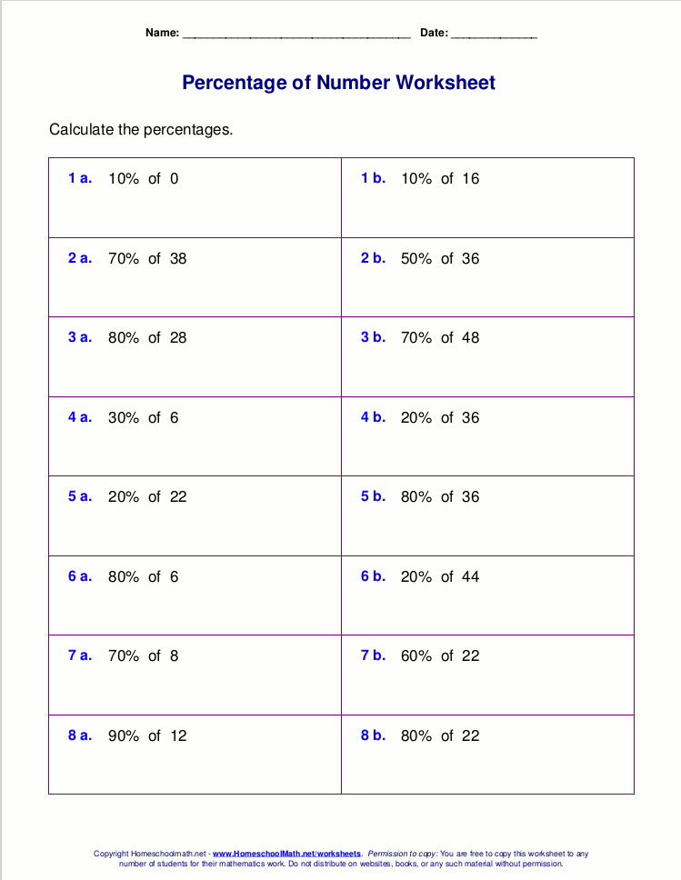 Free printable percentage of number worksheets