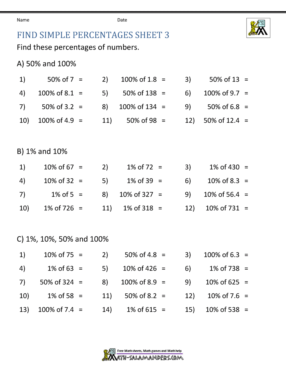 Finding Percentage Worksheets