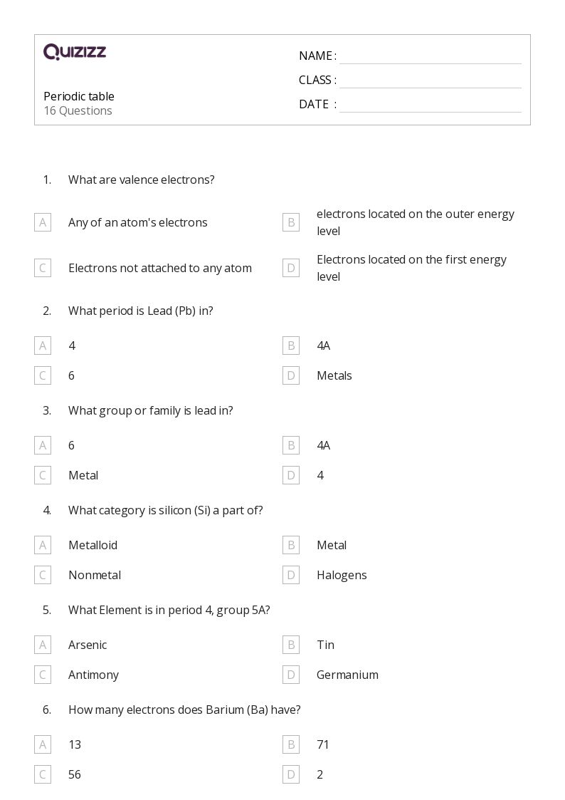 50+ periodic table worksheets on Quizizz | Free &  Printable
