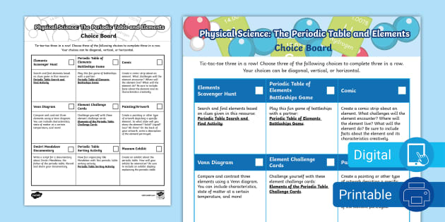 Physical Science: The Periodic Table and Elements Choice Board
