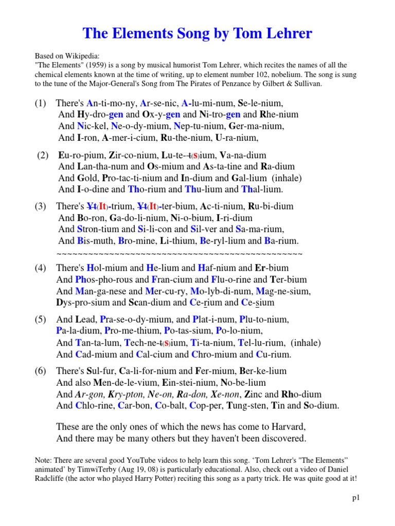 The Elements Song by Tom Lehrer (Lyrics) | PDF | Atoms | Chemical ...