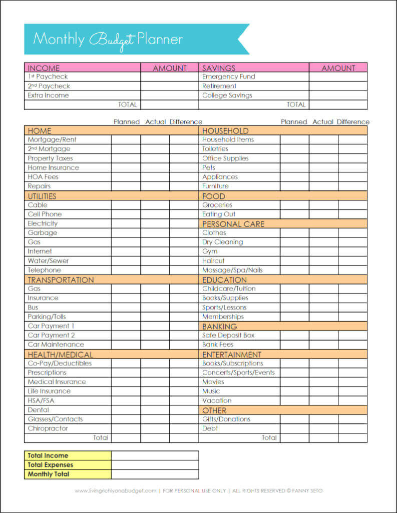 printable personal budget worksheet