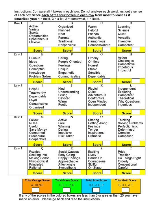 printable personality test color