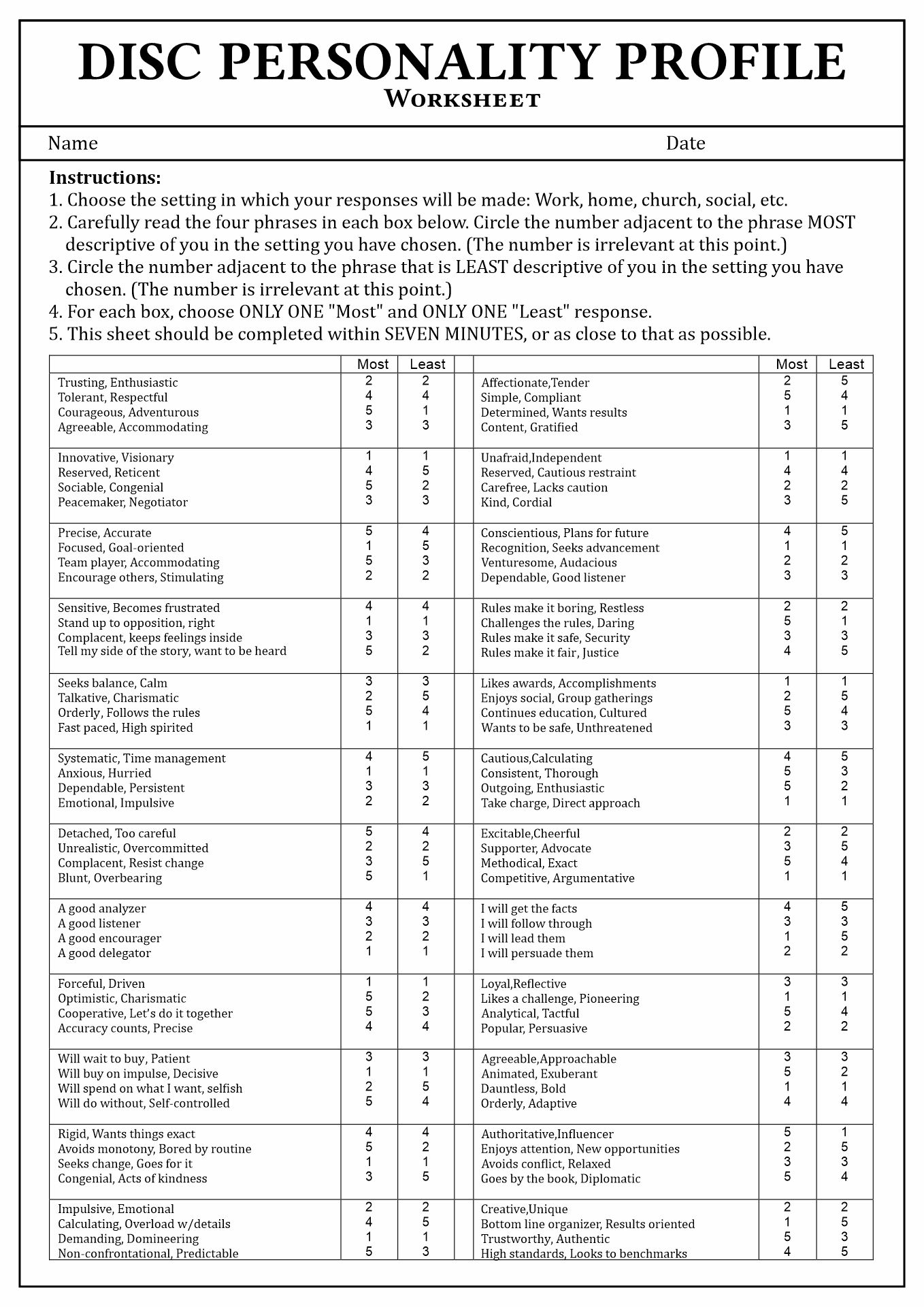 18 Personality Styles Assessment Worksheet