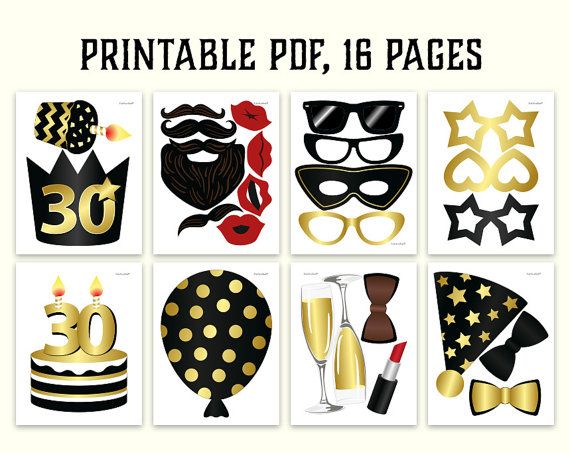 30th birthday photo booth props: printable PDF. Black and gold ...