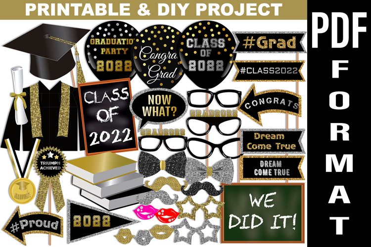Class of 2022 Graduation Photo Booth Props|Black, Gold