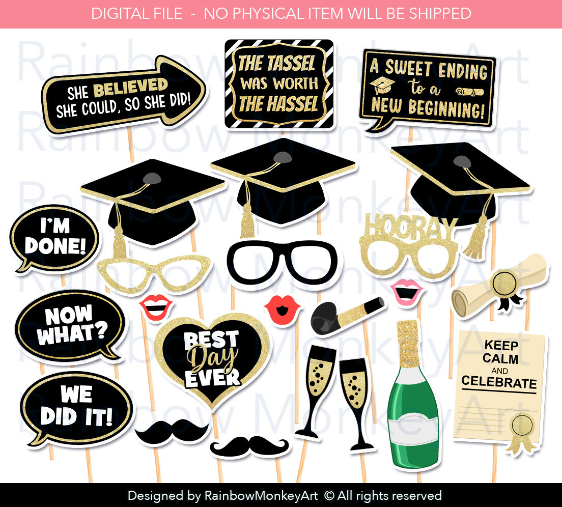 Printable Graduation Photo Booth Props Graduation Black Gold Printable Graduation Photo Booth Props Graduation Black Gold