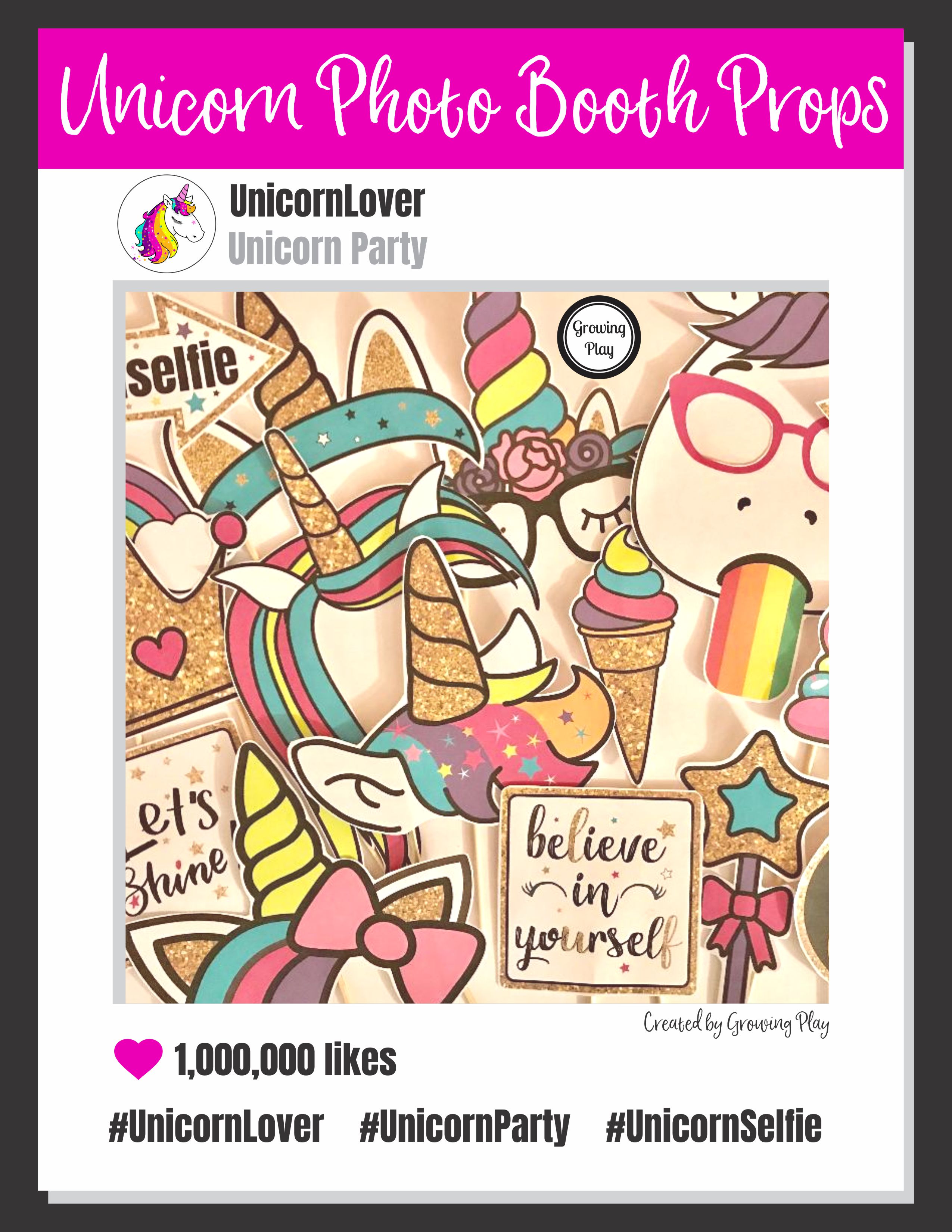Unicorn Photo Booth Props - Color and Black &  White - Growing Play