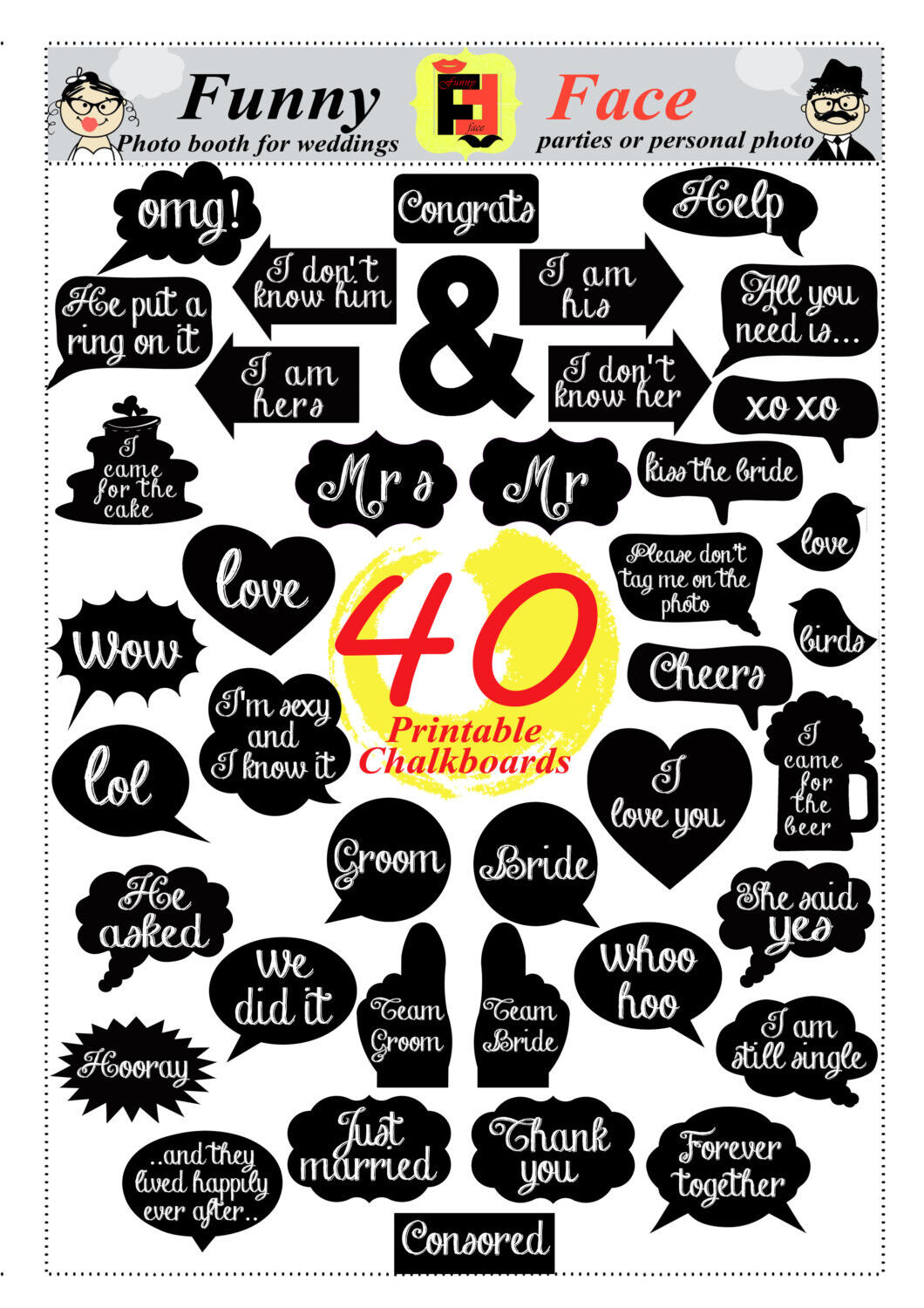 40 DIY PDF Printable Chalkboard Signs in 2 size Speech Bubbles ...