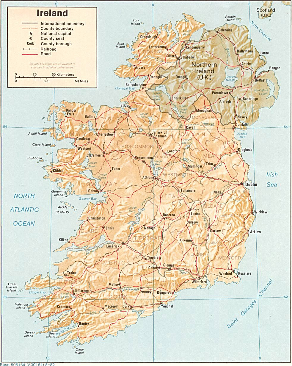 Large detailed relief and political map of Ireland with roads and ...