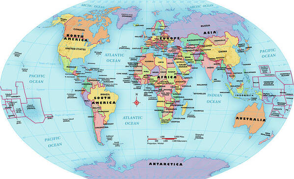 World Map, Continent And Country Labels Art Print