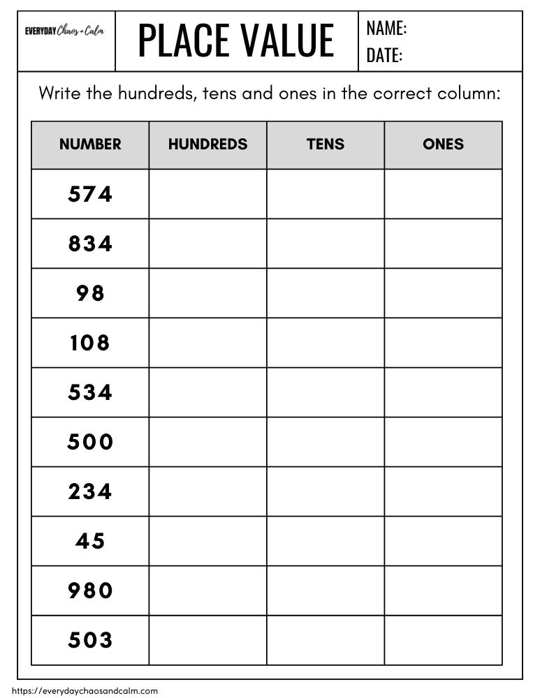printable place value worksheet for