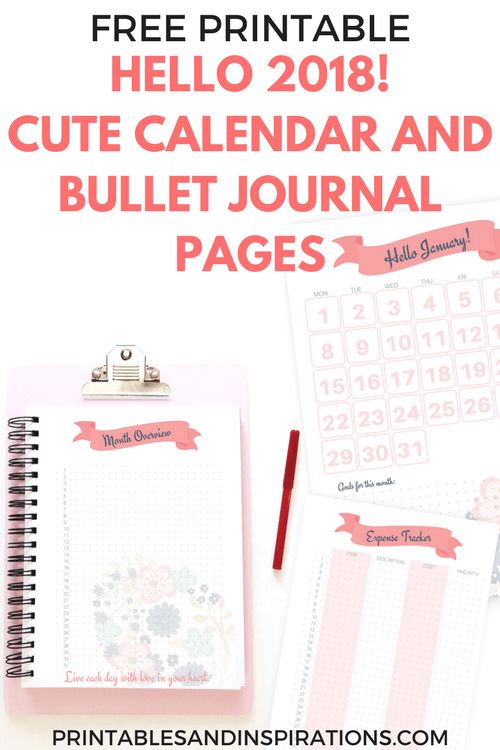 Hello 2018 Cute Calendar And Bullet Journal Printable Planner ...