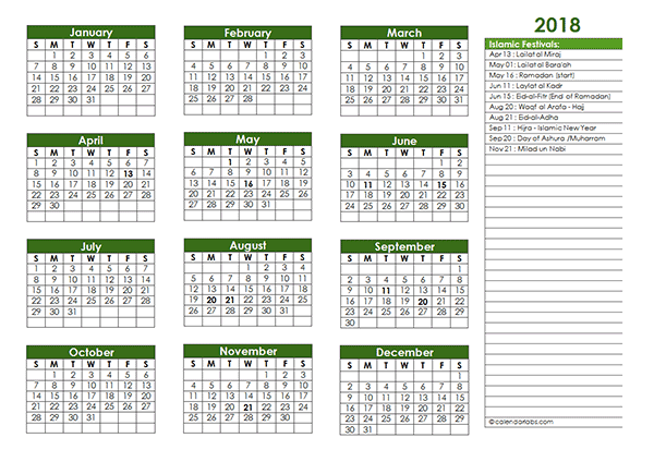 2018 Islamic Festivals Calendar Template - Free Printable Templates