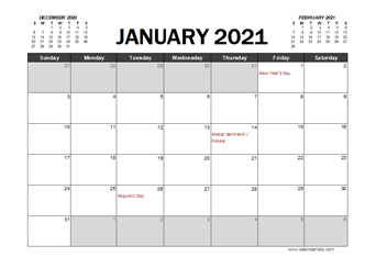 Printable 2021 Indian Calendar Templates with Holidays