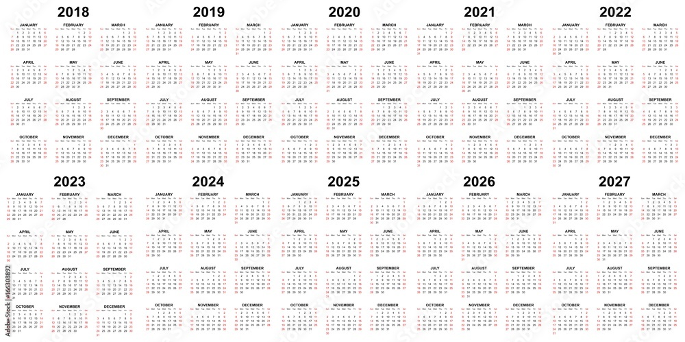 Ten year calendar - 2018, 2019, 2020, 2021, 2022, 2023, 2024, 2025 ...