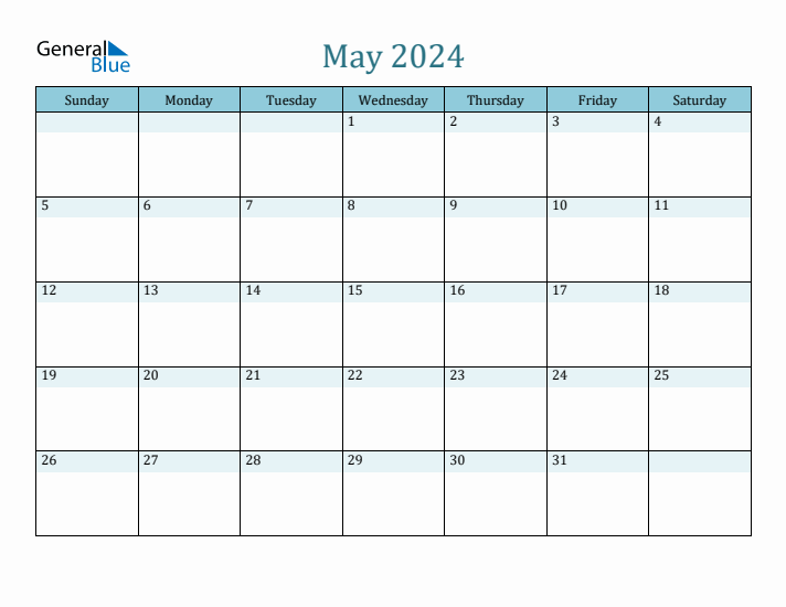 May 2024 Monthly Calendar (PDF, Word, Excel)