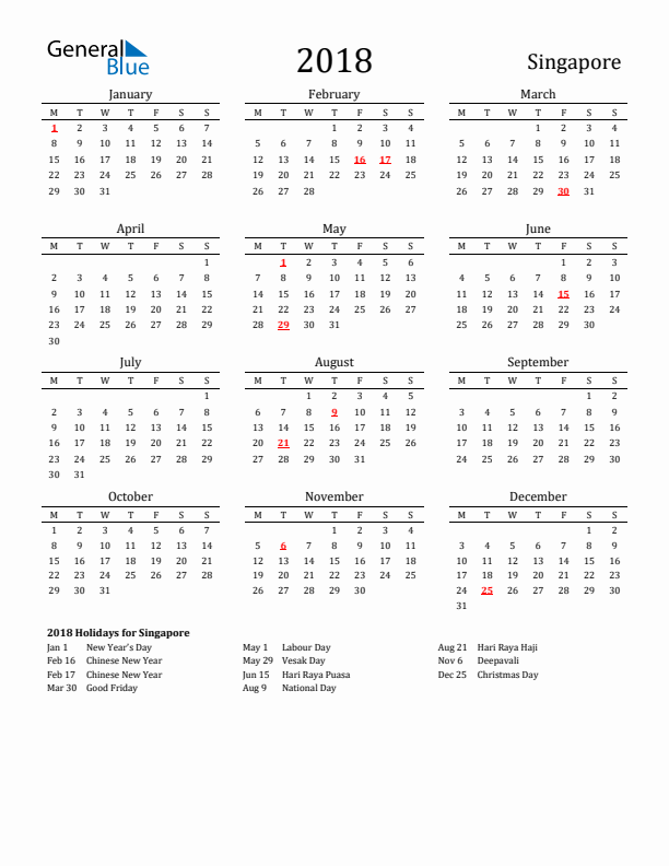 2018 Printable Calendar with Singapore Holidays