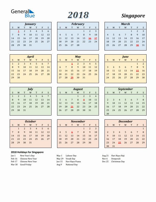 Singapore 2018 Yearly Calendar Downloadable