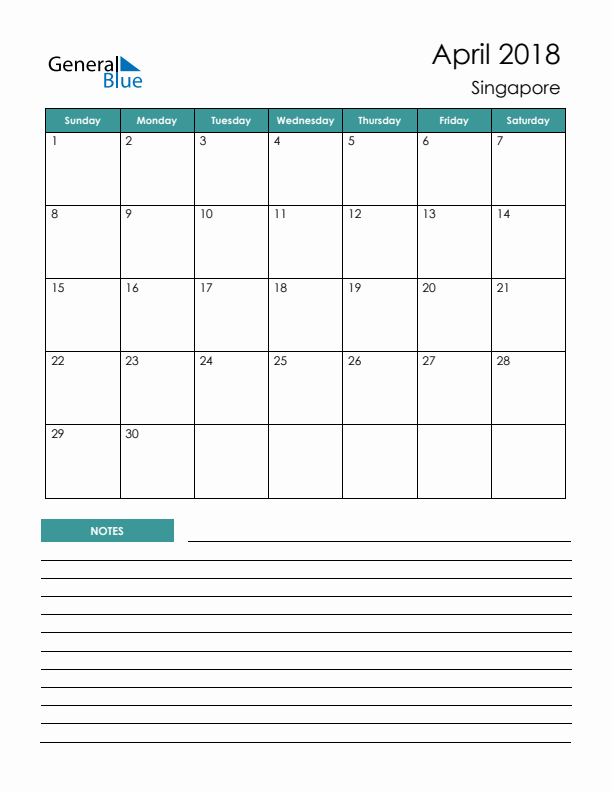 Monthly Planner with Singapore Holidays - April 2018