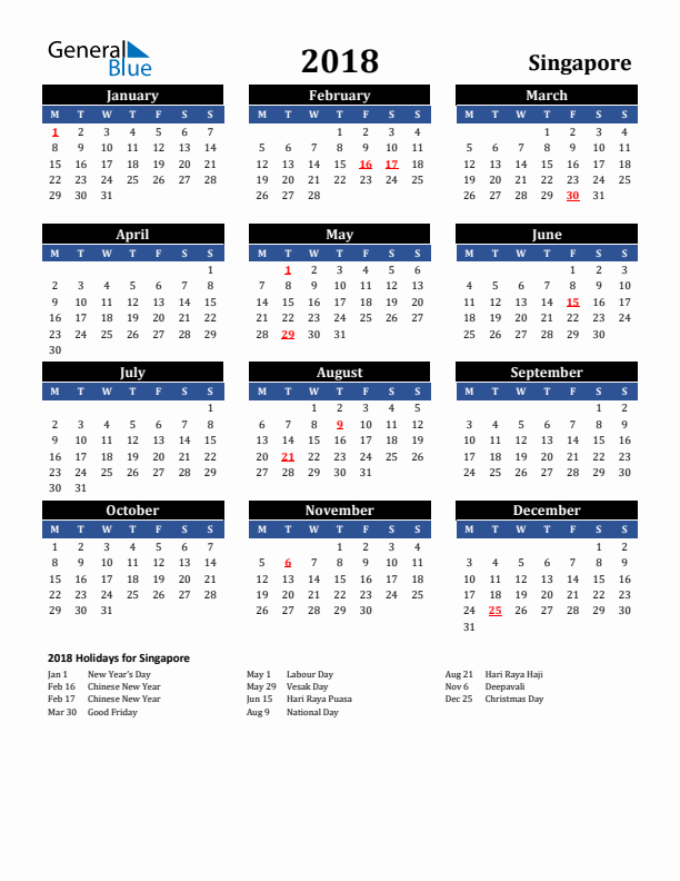 2018 Singapore Calendar with Holidays