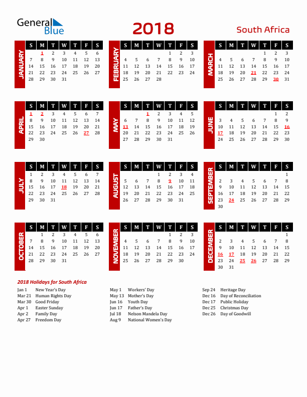 2018 South Africa Calendar with Holidays