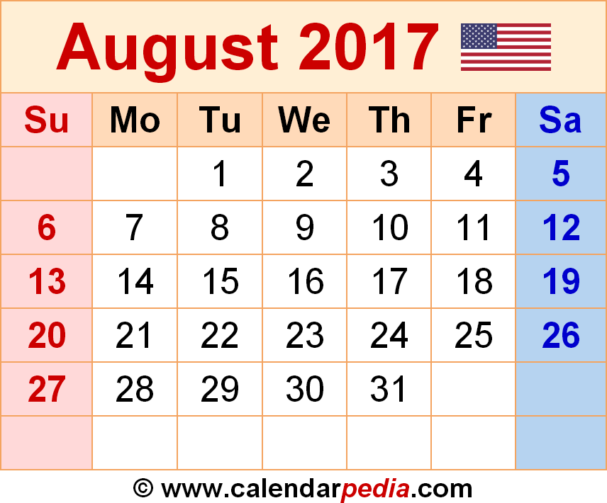 August 2017 Calendar | Templates for Word, Excel and PDF