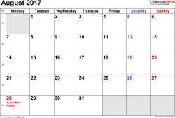 Calendar August 2017 UK with Excel, Word and PDF templates