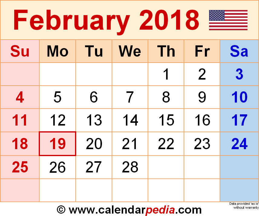 February 2018 Calendar | Templates for Word, Excel and PDF