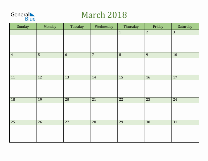 Fillable March 2018 Calendar