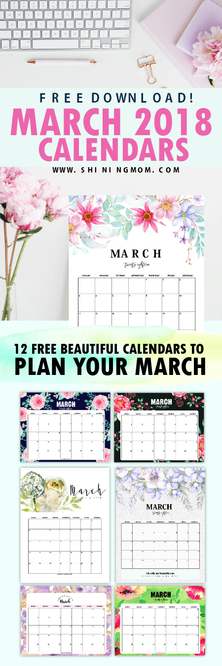 Free Printable March 2018 Calendar: 12 Beautiful Designs!