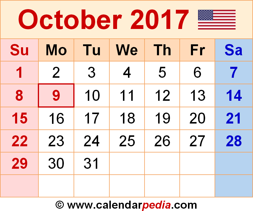 October 2017 Calendar | Templates for Word, Excel and PDF