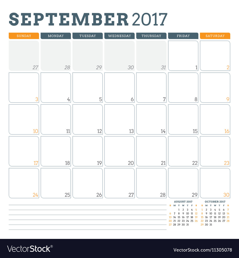 Calendar planner template for september 2017 week Vector Image