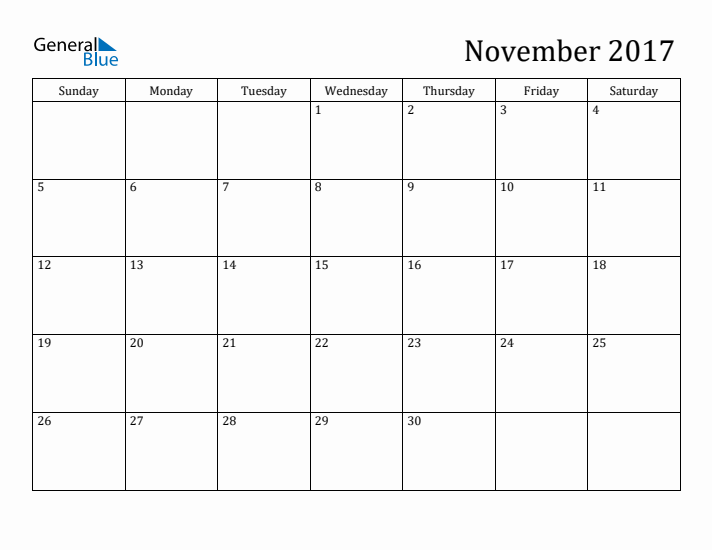 November 2017 Monthly Calendar (PDF, Word, Excel)