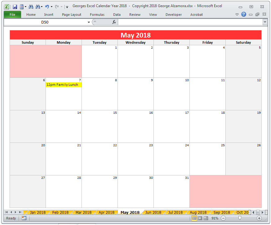 2018 Calendar Year in Excel Spreadsheet - Printable - Digital ...