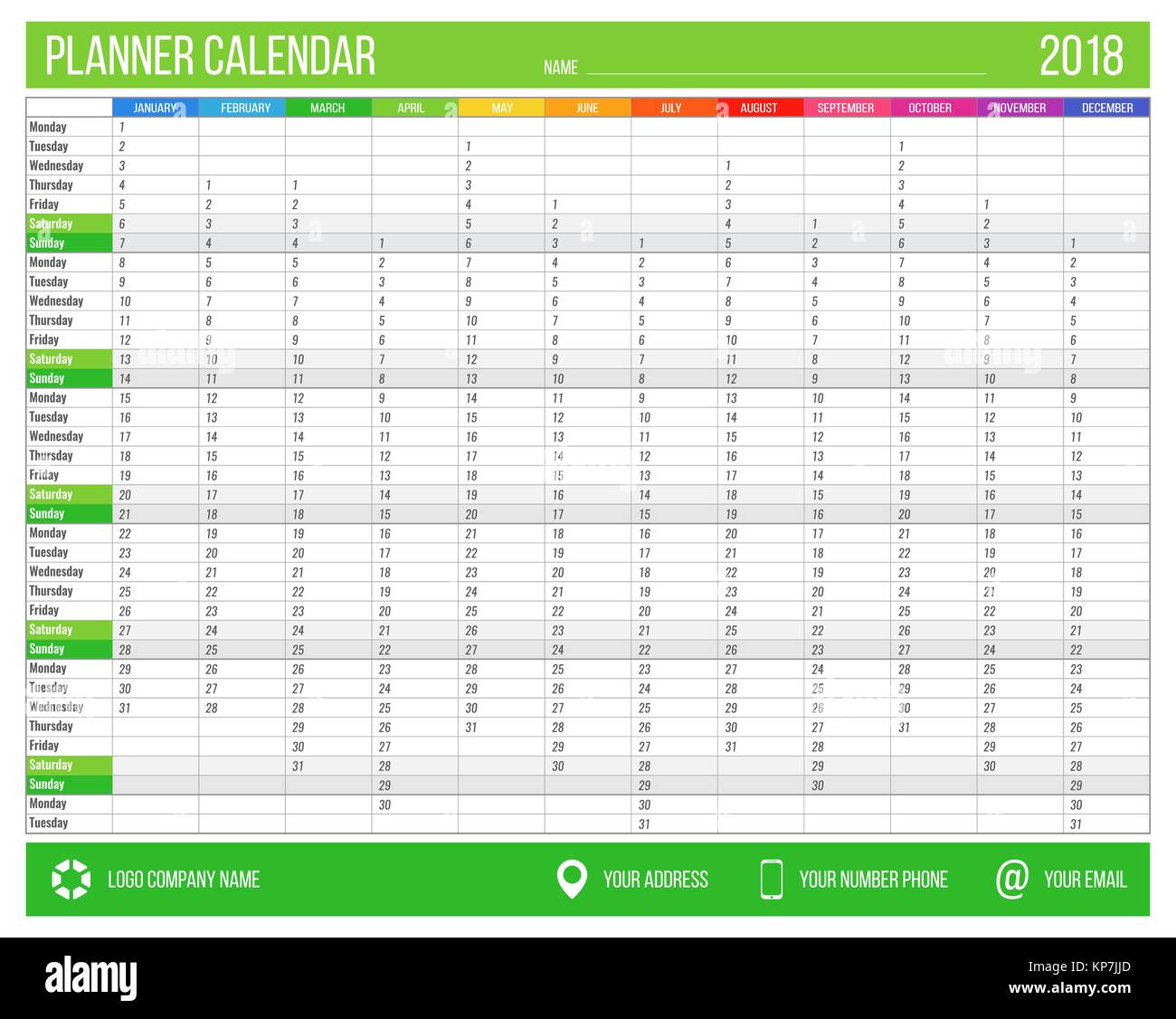 English calendar planner for year 2018. 12 months, corporate ...