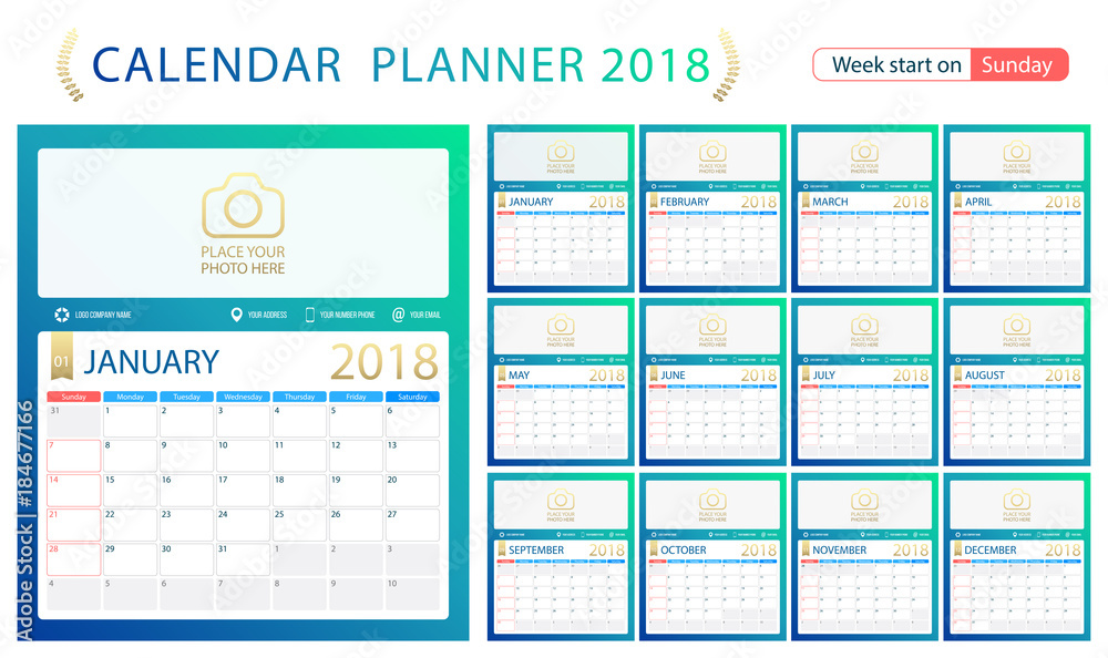English calendar planner for year 2018, week start Sunday. Set of ...