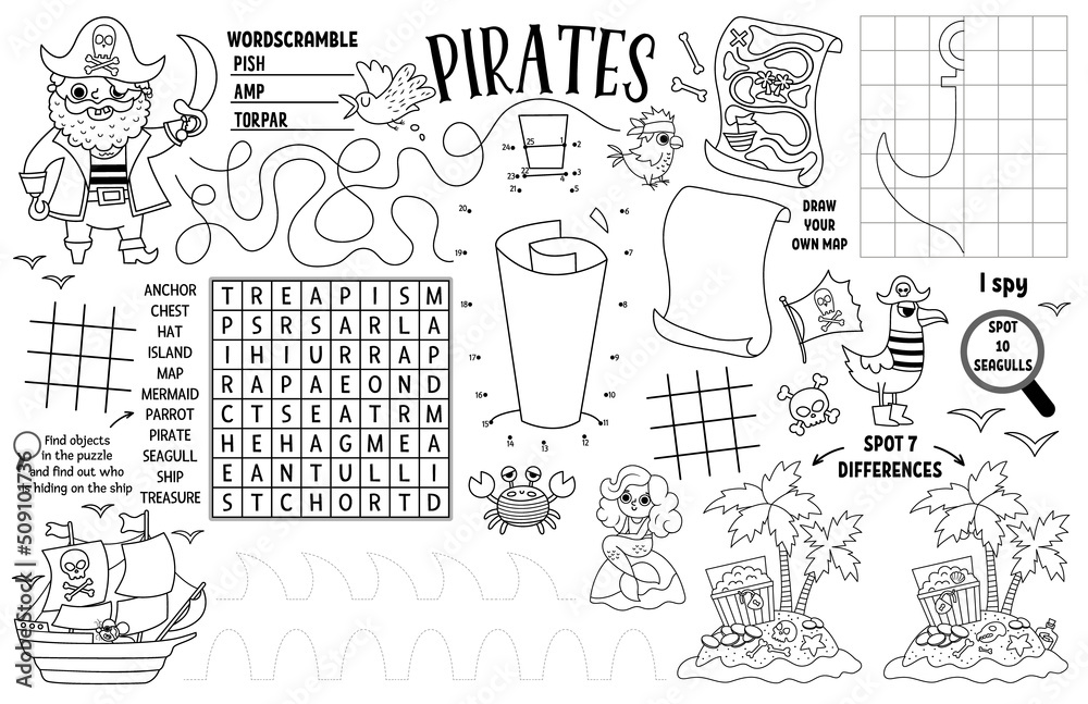 Vector pirate placemat for kids. Treasure hunt printable activity ...
