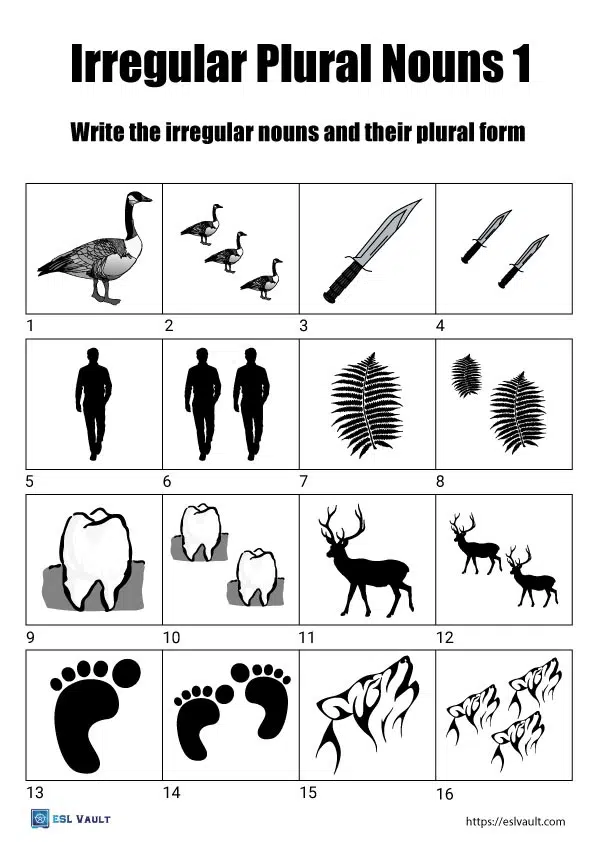4 free irregular plural nouns worksheets - ESL Vault