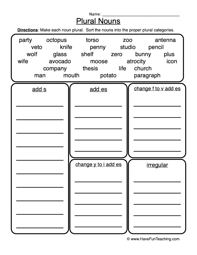 printable plural noun worksheet